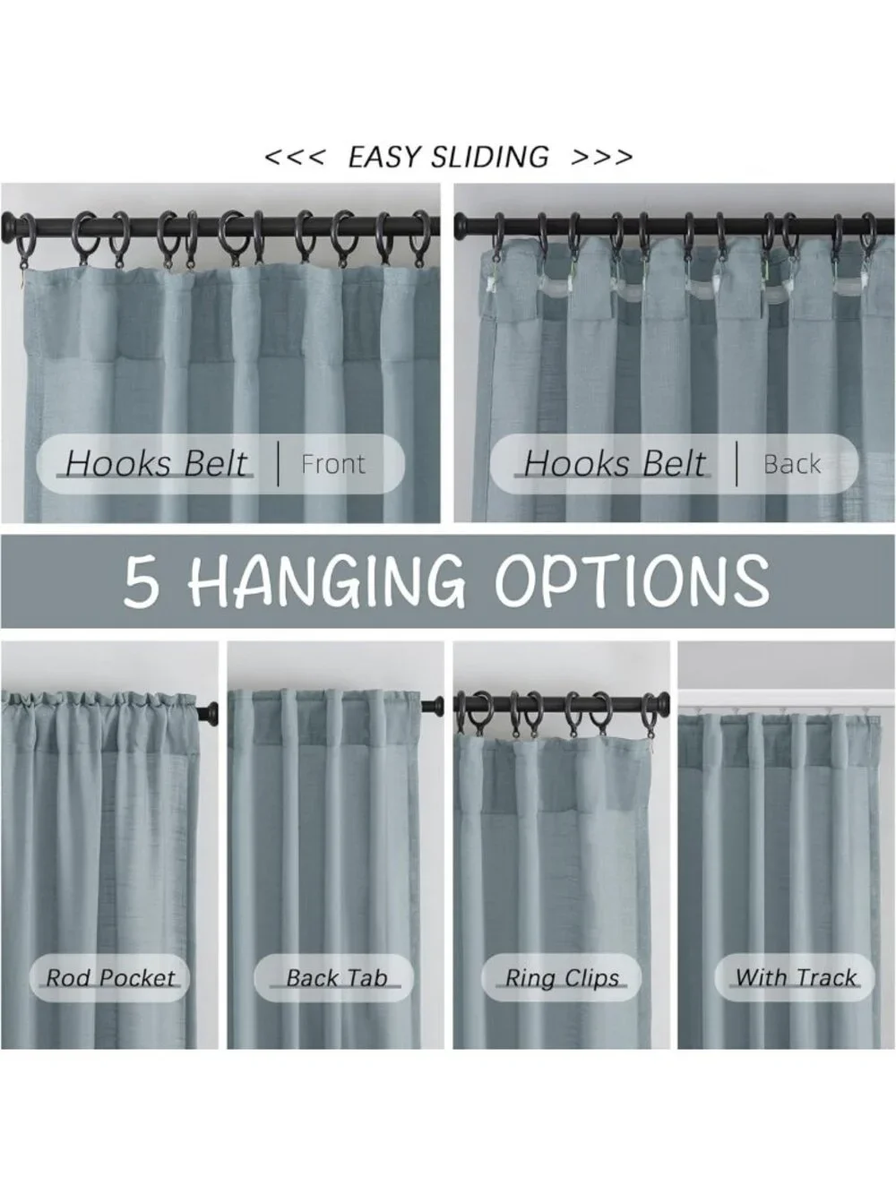 Stone Blue Linen Back Tab Curtains 96” Long - 2 Panel Set, Light Filtering, Easy